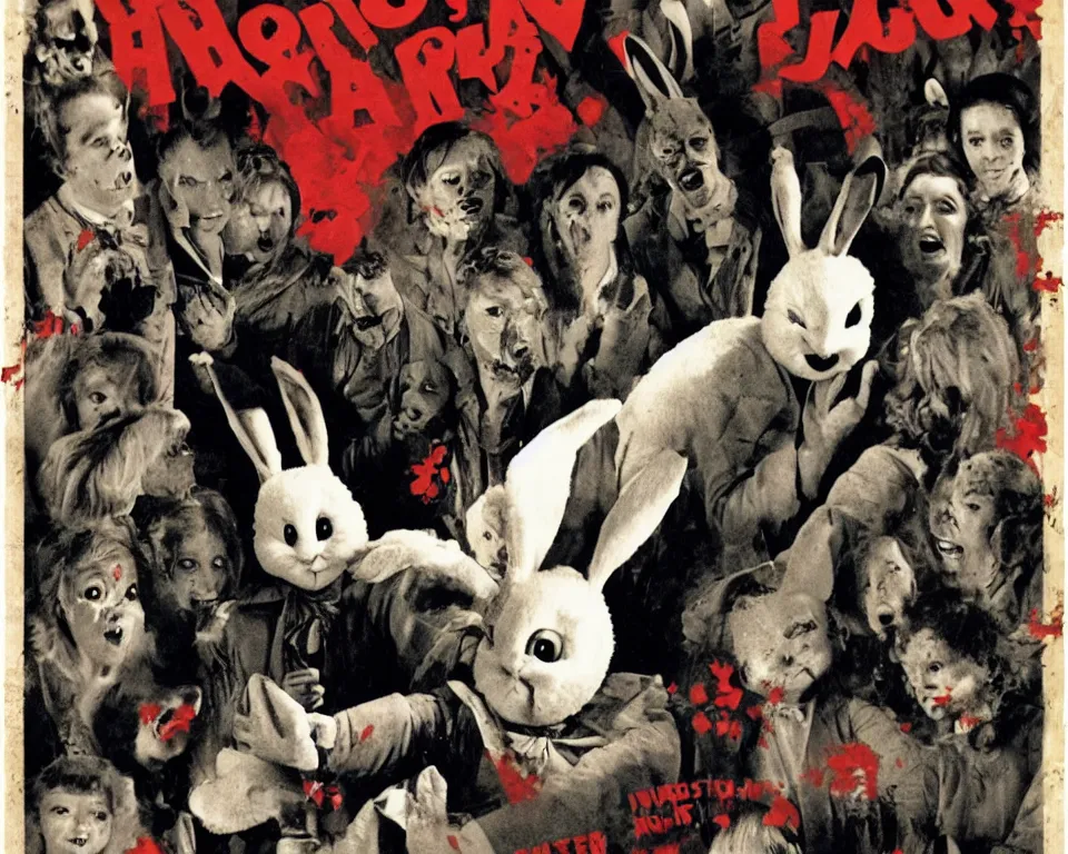 Prompt: a horror movie poster featuring the easter bunny