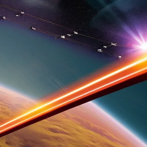 Image similar to wide shot of flying train track in space orbit around planet earth, epic award winning cinematic still