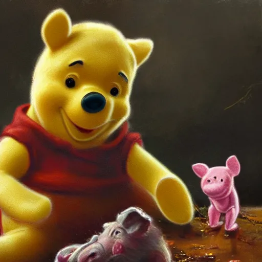 Image similar to close up of winnie the pooh with a severed pigs head dripping blood, cinematographic shot, by daniel f. gerhartz