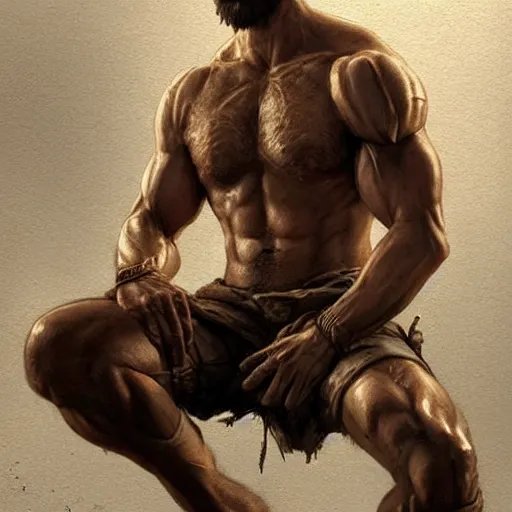 Image similar to portrait of a rugged ranger, muscular, upper body, hairy torso, detailed detailed detailed hands hands hands hands, D&D, fantasy, bare bare bare bare thighs thighs thighs intricate, elegant, highly detailed, digital painting, artstation, concept art, smooth, sharp focus, illustration, art by greg rutkowski