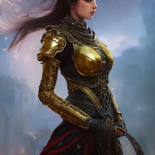 Image similar to portrait knights of Zodiac girl, metallic black and reddish color reflected armor, in ruined Agora of Athens, ssci-fi, fantasy, intricate, very very beautiful, elegant, golden light, highly detailed, digital painting, artstation, concept art, smooth, sharp focus, illustration, art by WLOP and tian zi and alphonse mucha