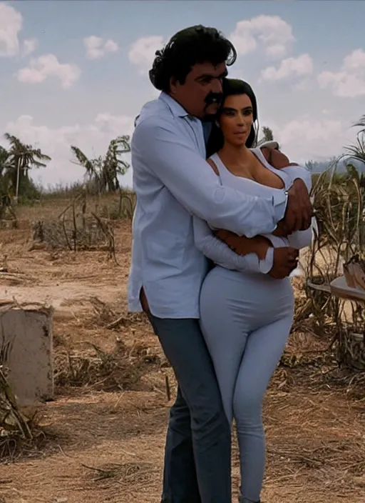 Prompt: film still of kim kardashian hugging Pablo Escobar, Pablo holding her waist, abandoned shack