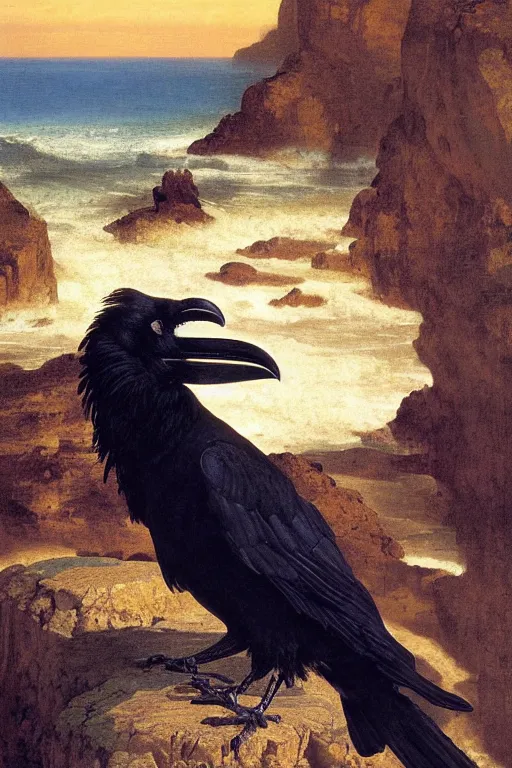 Image similar to a breathtakingly stunningly beautifully highly detailed extreme close up portrait of a raven under a rock arch, epic coves crashing waves plants, beautiful clear harmonious composition, dynamically shot, wonderful strikingly beautiful dynamic epic sunset, detailed organic textures, by frederic leighton and rosetti and turner and eugene von guerard, 4 k