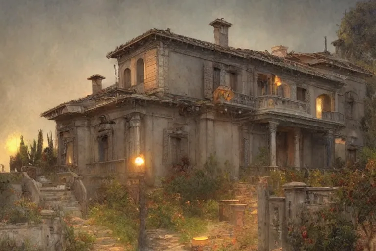 Prompt: A villa on sicily , moody scene, highly detailed, intricate, sharp details, dystopian mood, 1950 scene by gaston bussiere, craig mullins, somber lighting, drawn by Giacomo Burattini, inspired by graphic novel cover art, hyperrealistic, 8k by RHADS