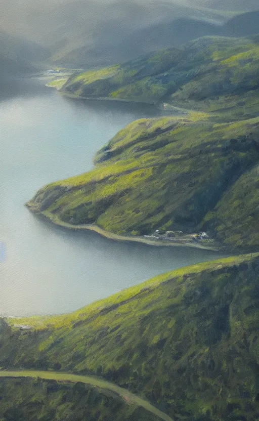 Prompt: nordic fjord, summer morning light, aerial view, beautiful landscape, cinematic light, soft illumination, cinematic composition, wide - angle, atmospheric, oil painting, trending on artstation