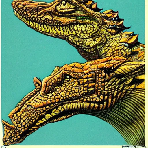 Image similar to a hybrid animal half crocodile and half tiger painting by moebius