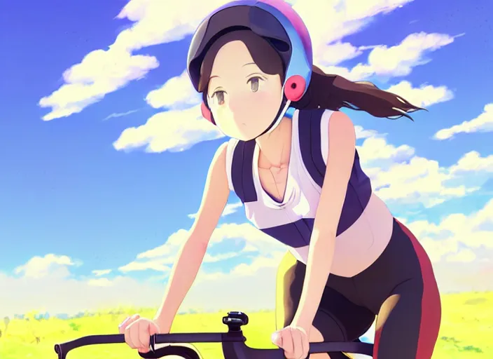 Image similar to portrait of cute girl riding road bike, sunny sky background, lush landscape, illustration concept art anime key visual trending pixiv fanbox by wlop and greg rutkowski and makoto shinkai and studio ghibli and kyoto animation, symmetrical facial features, sports clothing, road bike helmet, nike cycling suit, backlit, aerodynamic frame, gta 5