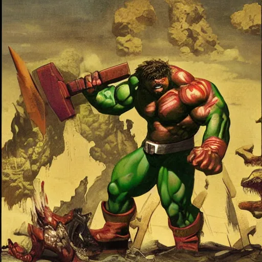 Prompt: hulk, juggernaut from x - men fighting, by richard dadd