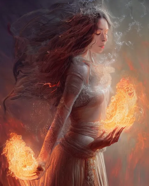 Prompt: a highly detailed portrait of beautiful pale female pyromancer radiating a majestic fiery aura, ornate silvered robes, wispy tendrils of smoke, intricate, digital painting, old english, raining, sepia, particles floating, whimsical background by marc simonetti, artwork by ramond swanland and liam wong