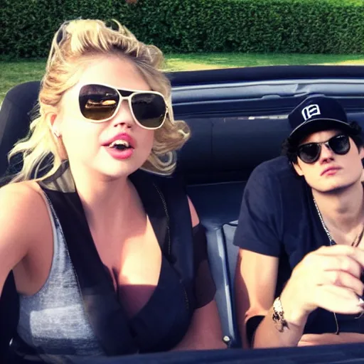 Image similar to kate upton and john mayer are sitting in a convertible driving around while a hip - hop group is playing.