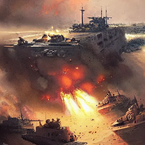 Image similar to all of the soldiers landing at france in 1 9 4 4 d - day and they're all fighting the germans in the background there is a huge explosion in a couple of german bunkers by greg rutkowski