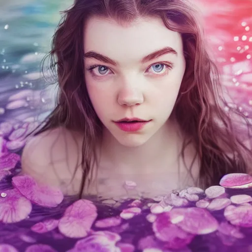 Image similar to portrait of a beautiful girl + anya taylor - joy floating under the deep dream water, beautiful smooth soft light + white petal, by personal photography, art by brookskim, closeup, 4 k, highly detailed, instagram,