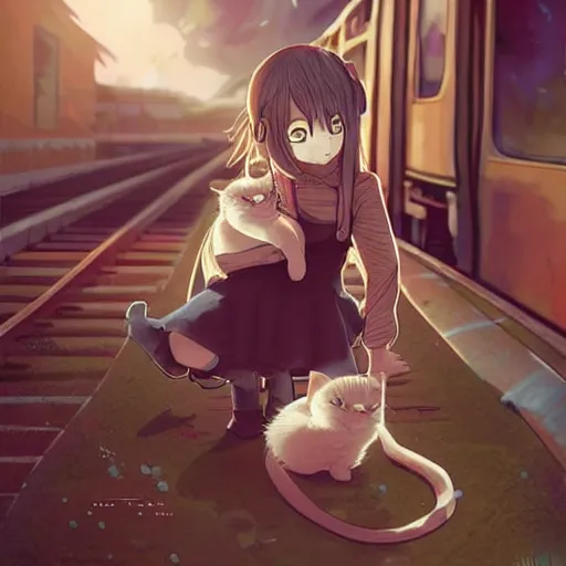 Prompt: sad anime girl with her little kitty sitting at an abandoned train station with a nuclear bomb destroying all buildings at the distance yumei art, Artstation, pinterest 8k hyper-detailed image