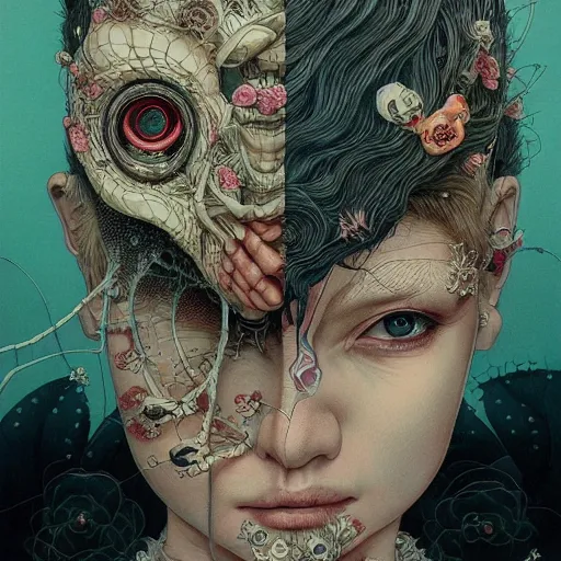 Image similar to beautiful portrait painted in jacek yerka and aykut aydogdu leslie zhang style drawn by vania zouravliov and takato yamamoto, inspired by cyberpunk, intricate acrylic gouache painting, high detail, sharp high detail, artstation, manga and anime