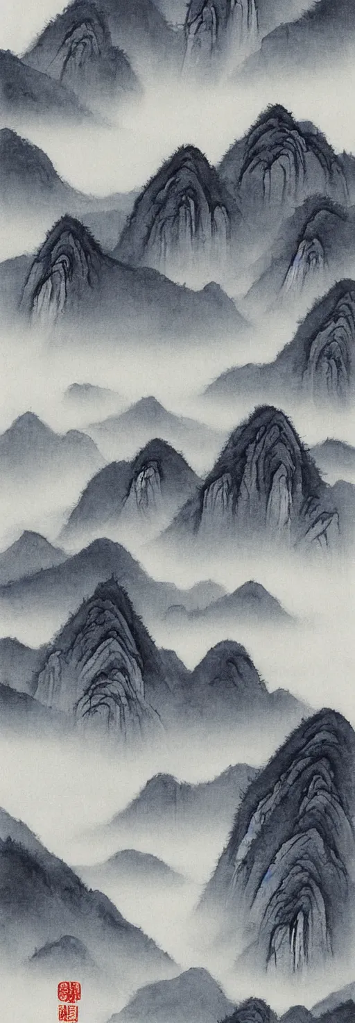 Image similar to traditional chinese shanshui 山 水 ink painting of huangshan on a foggy day by shenzhou 沈 周