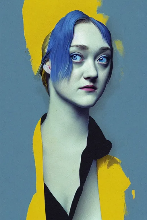 Image similar to Dakota Fanning with short blue hair wearing a yellow trenchcoat by Dave McKean