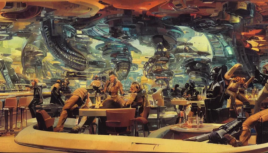 Image similar to Bounty hunters drinking in a futuristic bar surrounded by strange alien creatures, concept art by Ralph McQuarrie, by John Berkey, oil on canvas, highly detailed, science fiction