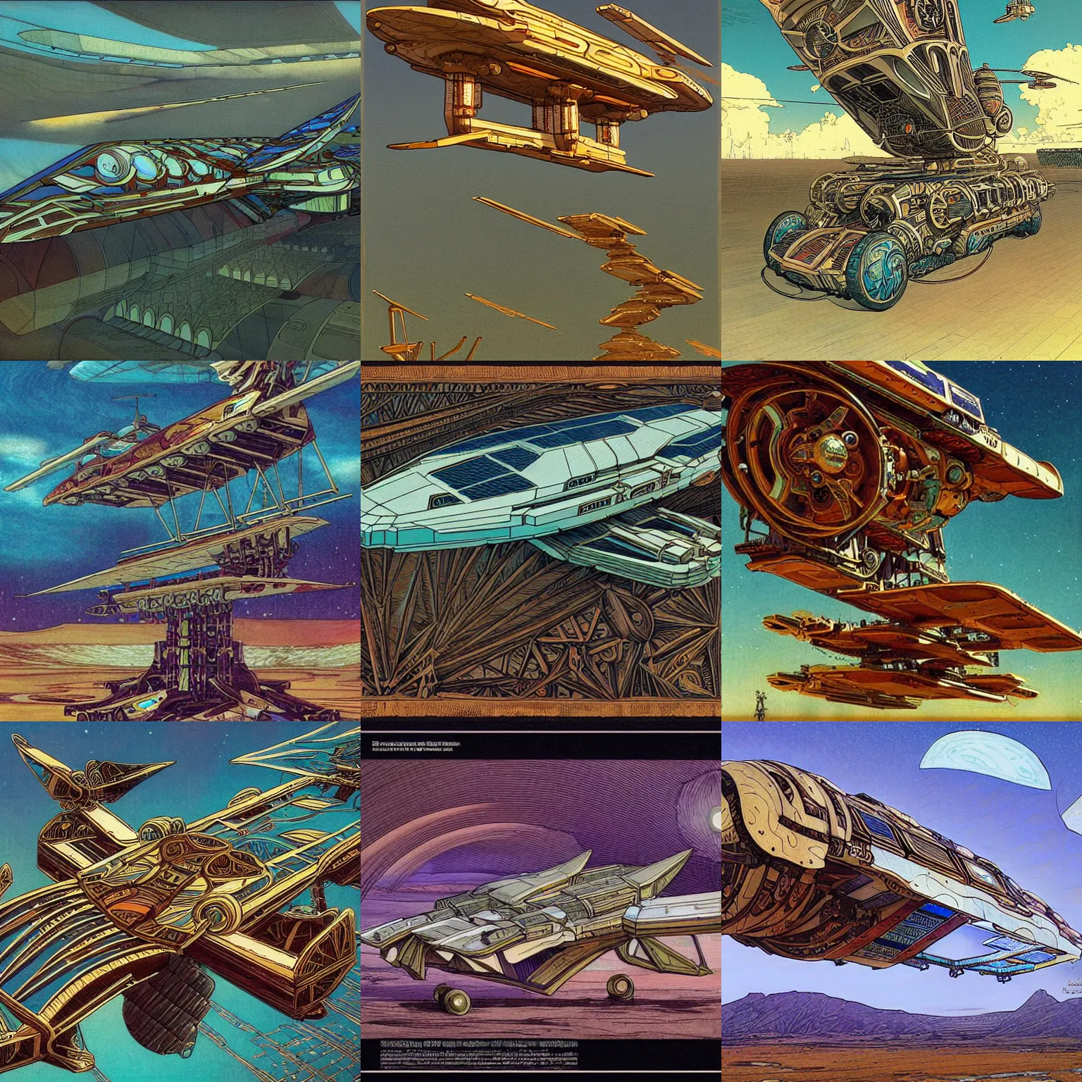 Prompt: solarpunk art nouveau spaceship skyship mecha made of mystical wood and cloth, tribal intricate design mechanical, dynamic 360 wide angle shot vehicle 2d cinematography by moebius