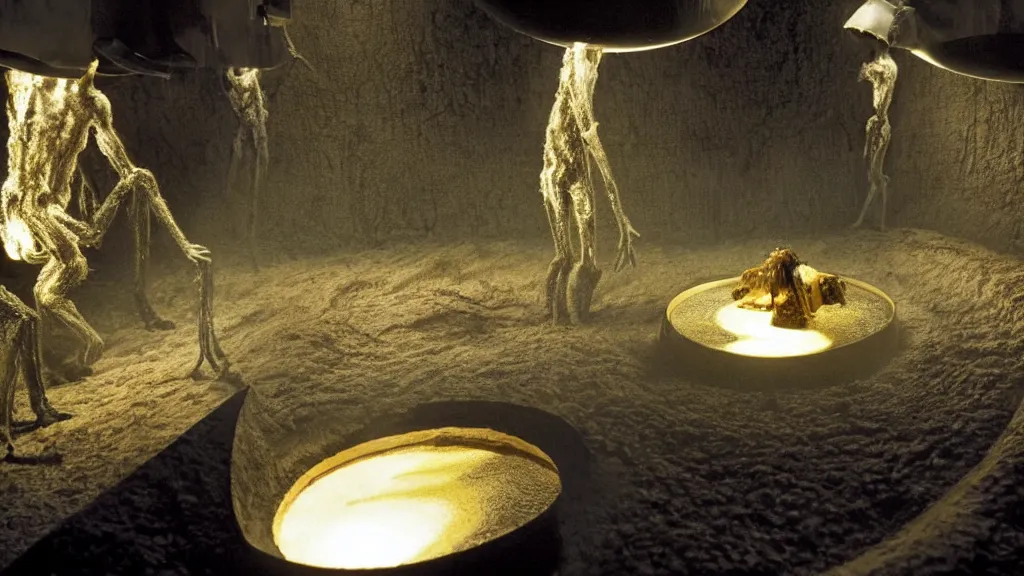 Image similar to glowing oil, in a giant vat, film still from the movie directed by denis villeneuve and david cronenberg with art direction by salvador dali and dr. seuss