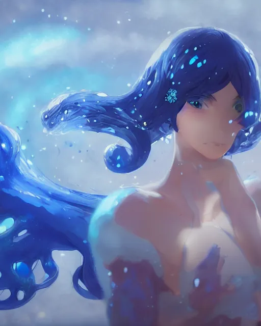 Image similar to a blue slime monster girl, full shot, atmospheric lighting, detailed face, by makoto shinkai, stanley artgerm lau, wlop, rossdraws