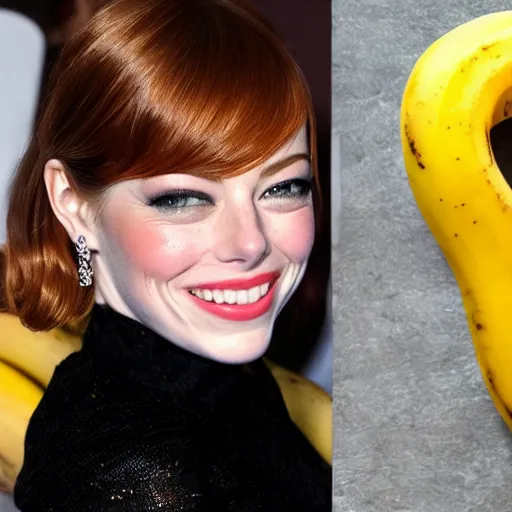 Prompt: a banana is wearing an emma stone head