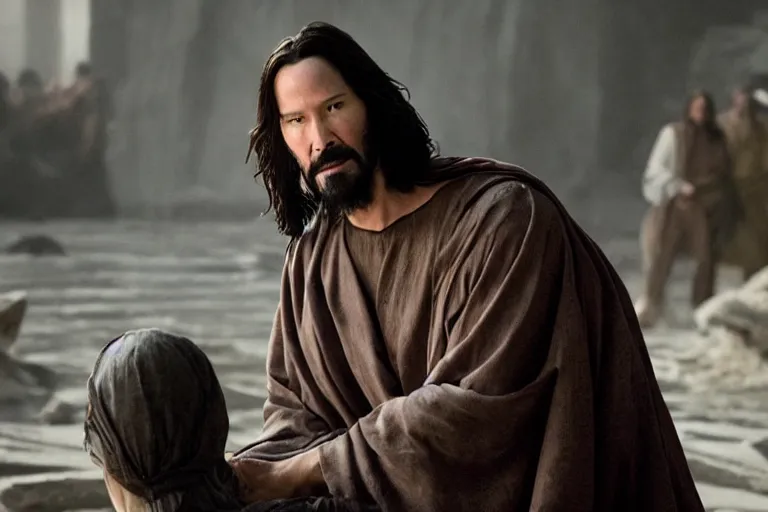 Image similar to promotional image of Keanu Reeves as Jesus Christ in the new movie directed by Christopher Nolan, movie still, promotional image, imax 70 mm footage