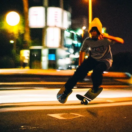 Prompt: fisheye lens photo of a skateboarder in Tokyo, night time, 8k, cinematic