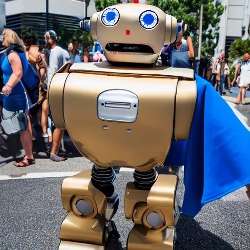 Image similar to LOS ANGELES, CA July 7 2025: Open Source Self-Aware Robot Convention, Cute Robot Wearing Blue Cape