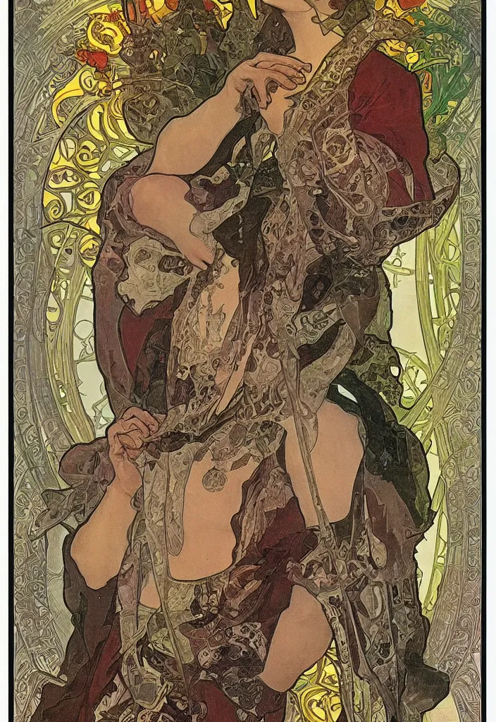 Image similar to Jurgen Schmidhuber as the Devil on a tarot card, tarot in art style by Alphonse Mucha