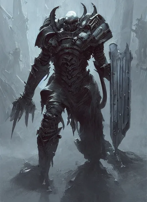 Image similar to creepy eerie executioner wearing a bloody metal armor, elegant, digital painting, concept art, smooth, sharp focus, illustration, from StarCraft by Ruan Jia and Mandy Jurgens and Artgerm and William-Adolphe Bouguerea