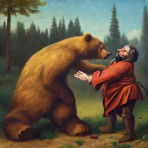 Prompt: oil painting of a socialist bear vowing to take down capitalism