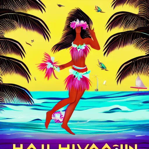 Image similar to hawaii tourism poster in style of bauhaus, hula girl, surfboard, waves, palm trees, sun, surf sand, medley of tropical flowers, lei, beautiful, symmetrical, textured, layered, ornate, detailed, chromostereopsis, 8 k