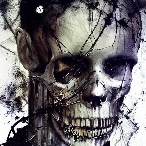 Image similar to skulls wires skin cyberpunk by emil melmoth zdzislaw belsinki craig mullins yoji shinkawa realistic render ominous detailed photo atmospheric by jeremy mann francis bacon and agnes cecile ink drips paint smears digital glitches glitchart