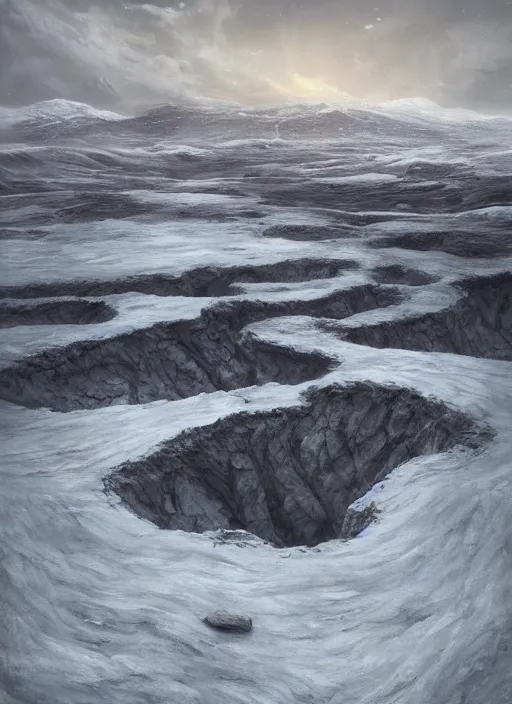 Prompt: barren tundra, deep sinkhole, extremely detailed oil painting, unreal 5 render, digital art, landscape painting, octane render, beautiful composition, trending on artstation, award winning photograph, masterpiece