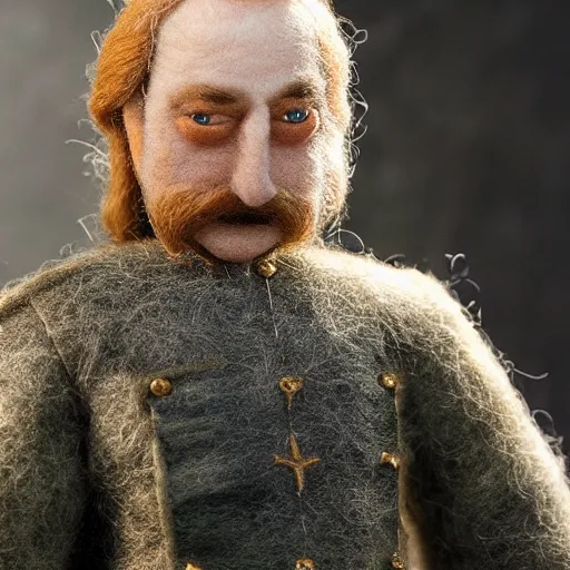 Image similar to needle felted king theoden from the return of the king (2003), highly detailed, tilt shift, eerie!, hyperrealism, highly textured, god rays