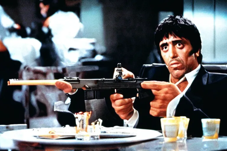 Image similar to medium shot. tony montana from movie scarface 1 9 8 3. staying with m 1 6 riffle. table with cocaine in background. al pacino. perfect symmetric face, coherent eyes, fine details, 4 k, ron cobb. cinestill