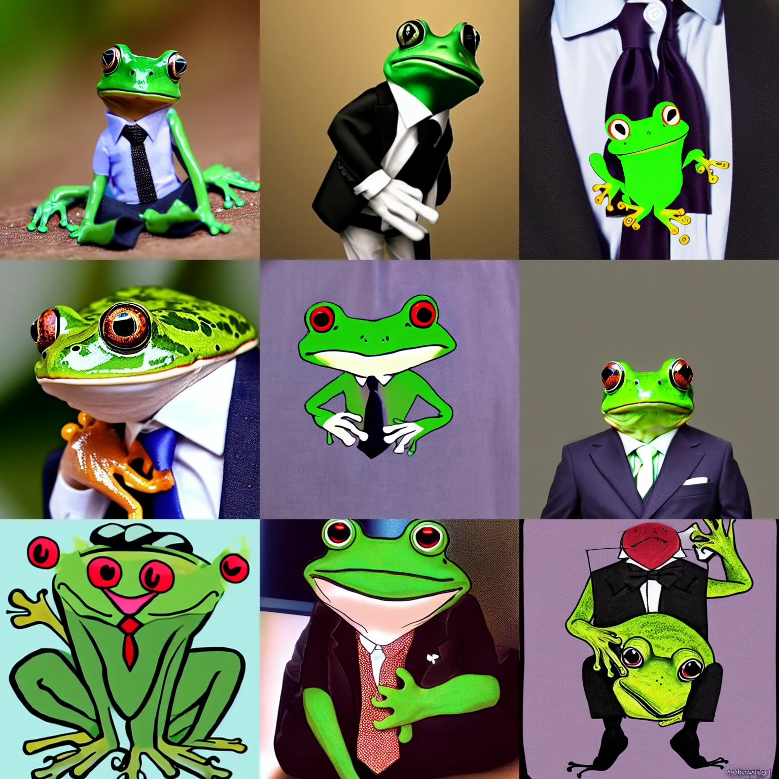 Prompt: a normal frog wearing a suit and tie