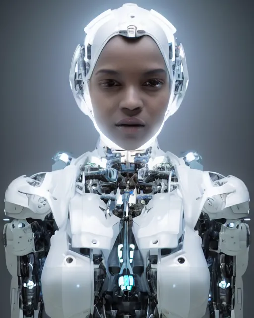 Image similar to centered portrait of soulful young shari headly as a solarpunk mecha humanoid robotic parts with bright led lights, real human face, pudica gesture bouguereau style, in white room, ultra - realistic and intricate, soft portrait shot 8 k