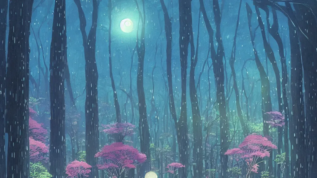 Prompt: illustration of a rainy giant forest with luminescent flowers at night with cummulonimbus clouds by makoto shinkai, by moebius!!, by oliver vernon, by joseph moncada, by damon soule, by manabu ikeda, by kyle hotz, by dan mumford, by kilian eng, by nico delort