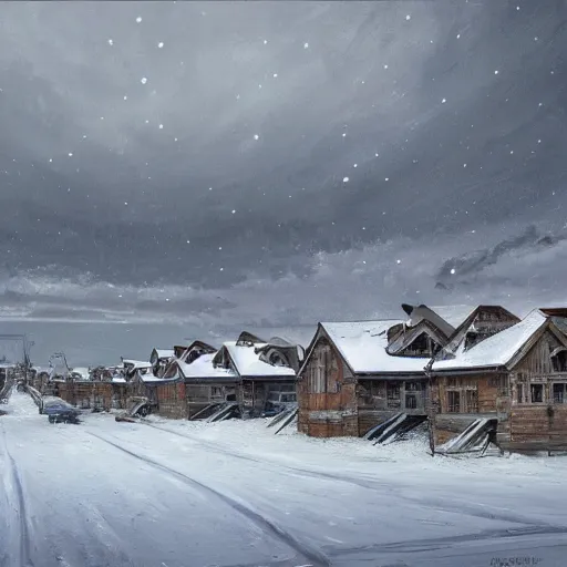 Image similar to an extremely detailed painting by cedric peyravernay of a large array of houses in a contested territory between the soviet union and america, snowy landscape, authoritarian vibes, extremely detailed, 4 k