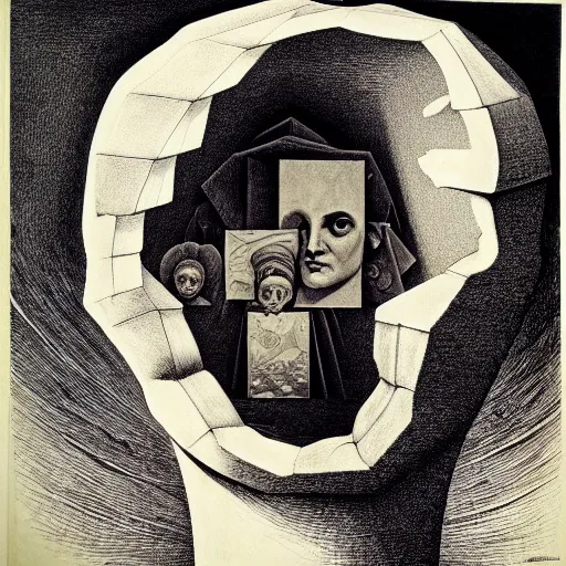 Image similar to lithography on paper secret artifact conceptual figurative post - morden monumental dynamic portrait by goya and escher and hogarth, illusion surreal art, highly conceptual figurative art, intricate detailed illustration, controversial poster art, polish poster art, geometrical drawings, no blur