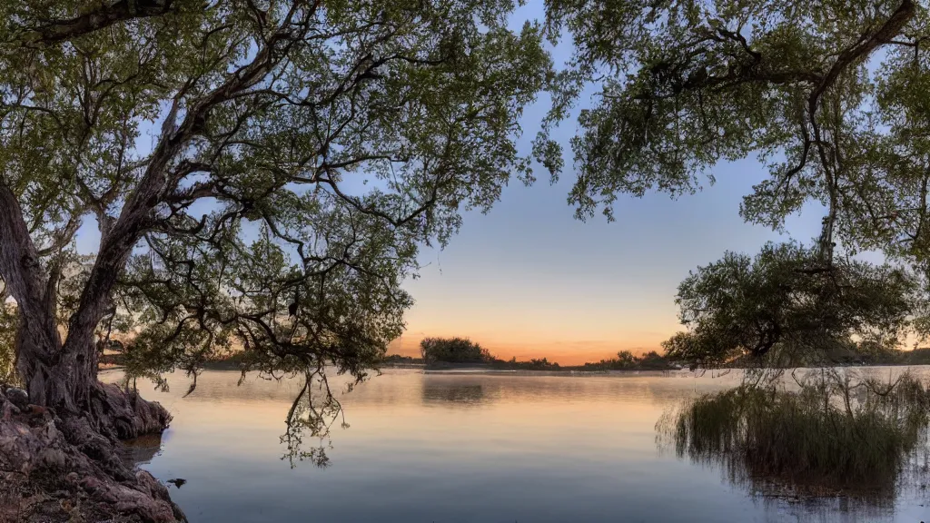 Image similar to tranquil mesmerizing calm lake at sunset detailed, 8k, mesmerizing, low saturation, high resolution