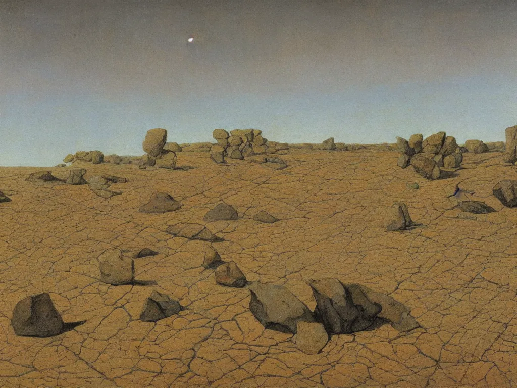 Prompt: Fragmented mirror in the desert. Sentient rocks. Complex changing landscape, autumn light. Painting by Caspar David Friedrich, Alex Colville