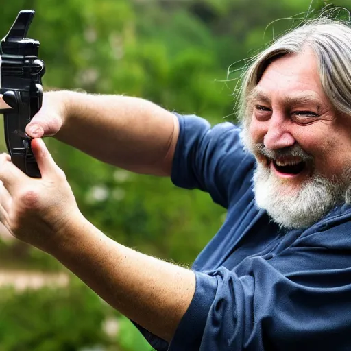 Image similar to robert wyatt laughing maniacally and pointing a gun directly at the camera