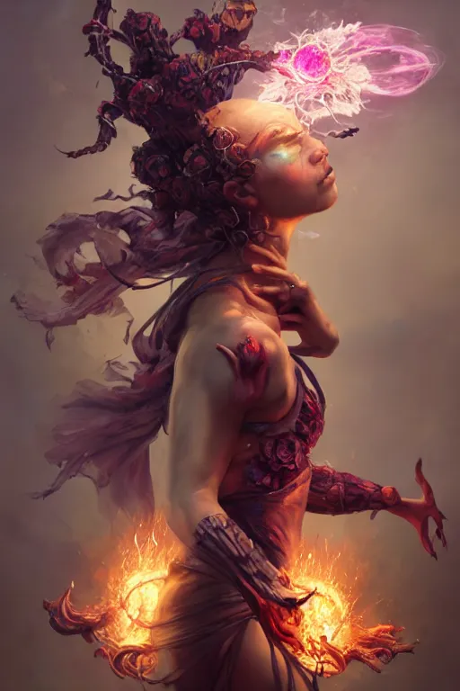 Image similar to extremely beautiful girl necromancer, witch - doctor exploding into flowers, demons, 3 d render, hyper - realistic detailed portrait, holding fire and electricity, ruan jia, wlop. scifi, fantasy, magic the gathering, hyper detailed, octane render, concept art, peter mohrbacher