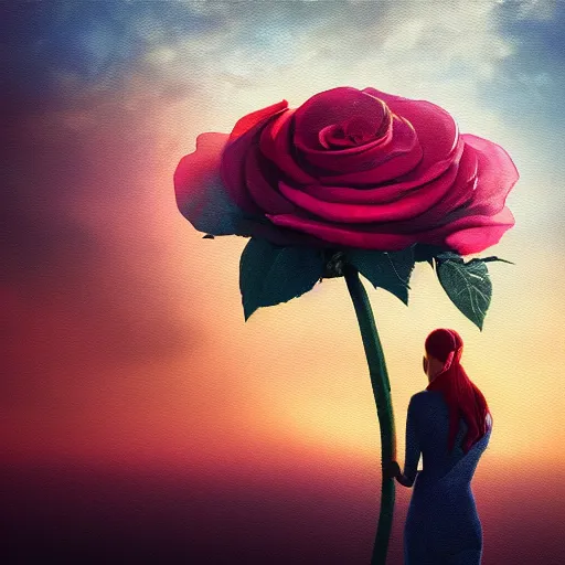 Prompt: closeup, huge rose flower head, frontal, a girl with suit, surreal photography, sunrise, dramatic light, impressionist painting, digital painting, artstation, simon stalenhag