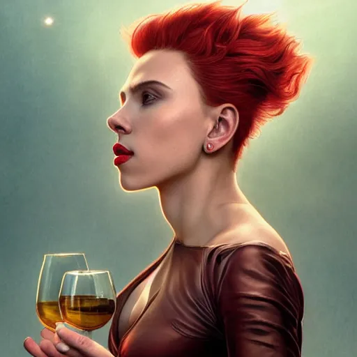 Prompt: a highly detailed matte portrait of scarlett johansson as a red haired vampire sorceress, drinking wine, standing in a space station and looking at jupiter, viewed in profile from far away, crackling green lightning, ultrawide lens, art by artgerm and greg rutkowski and alphonse mucha, volumetric lighting, octane render, 4 k resolution, trending on artstation, masterpiece