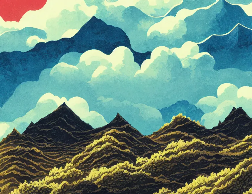 Image similar to windswept shortcake mountains. gouache by award - winning mangaka, chiaroscuro, intricate details, bokeh, backlighting, field of depth