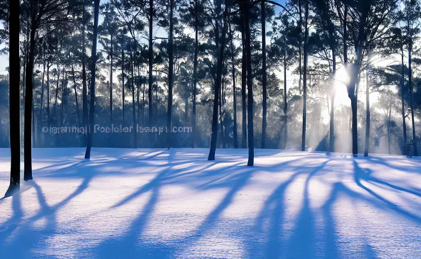 Image similar to augusta national, the masters, but during winter, completely covered in snow, beautiful ambient light, stunning photography, fog, light rays