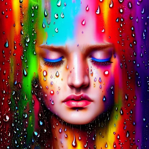 Image similar to portrait of girl in uniquely colored psychedelic rain with wet hair and face, water drops, epiphany, bliss, fantasy, intricate, elegant, dramatic lighting, highly detailed, lifelike, photorealistic, digital painting, artstation, concept art, smooth, sharp focus, illustration, art by John Collier and Albert Aublet and Krenz Cushart and Artem Demura and Alphonse Mucha